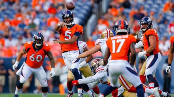 DENVER, CO – AUGUST 19: Quarterback Joe Flacco #5 of the Denver Broncos throws a pass out of the pocket during the first quarter of a preseason game against the San Francisco 49ers at Broncos Stadium at Mile High on August 19, 2019 in Denver, Colorado. (Photo by Justin Edmonds/Getty Images)
