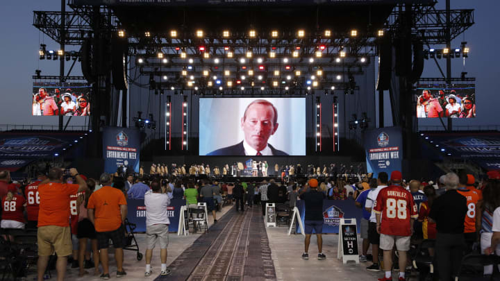 CANTON, OH – AUGUST 03: Late Denver Broncos owner Pat Bowlen is projected on the video board during his enshrinement into the Pro Football Hall of Fame at Tom Benson Hall Of Fame Stadium on August 3, 2019 in Canton, Ohio. (Photo by Joe Robbins/Getty Images)