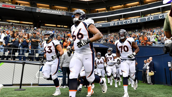 SEATTLE, WASHINGTON – AUGUST 08: Dalton Risner #66 of the Denver Broncos runs onto the field before the preseason game against the Seattle Seahawks at CenturyLink Field on August 08, 2019 in Seattle, Washington. (Photo by Alika Jenner/Getty Images)