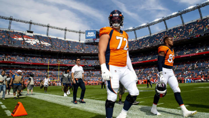 DENVER, CO - SEPTEMBER 15: Garett Bolles #72 of the Denver Broncos walks off the field prior to taking on the Chicago Bears at Empower Field at Mile High on September 15, 2019 in Denver, Colorado. (Photo by Timothy Nwachukwu/Getty Images)