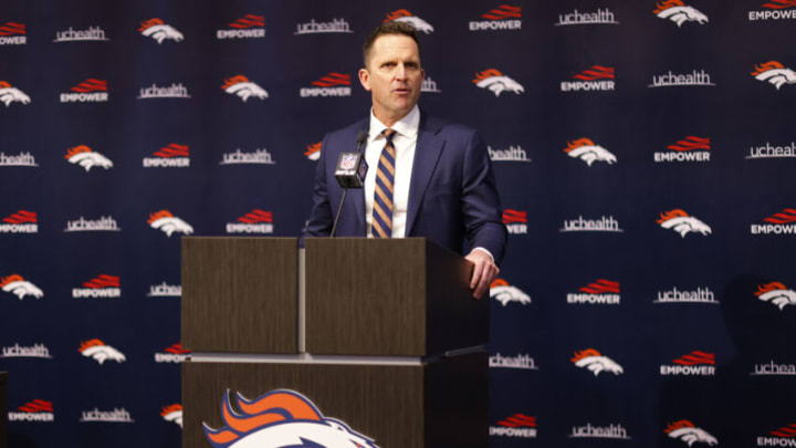 ENGLEWOOD, CO - MARCH 16: General Manager George Paton of the Denver Broncos addresses the media before introducing Quarterback Russell Wilson of the Denver Broncos at UCHealth Training Center on March 16, 2022 in Englewood, Colorado. (Photo by Justin Edmonds/Getty Images)