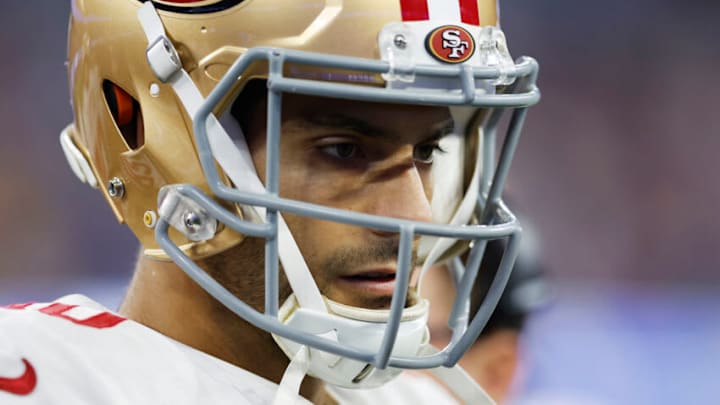 Denver Broncos offseason: Jimmy Garoppolo #10 of the San Francisco 49ers looks on in the fourth quarter against the Los Angeles Rams in the NFC Championship Game at SoFi Stadium on January 30, 2022 in Inglewood, California. (Photo by Christian Petersen/Getty Images)