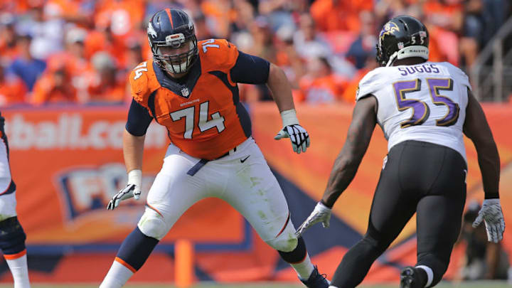 DENVER, CO - SEPTEMBER 13: Ty Sambrailo #74 of the Denver Broncos blocks against Terrell Suggs #55 of the Baltimore Ravens at Sports Authority Field at Mile High on September 13, 2015 in Denver, Colorado. The Broncos defeated the Ravens 19-13. (Photo by Doug Pensinger/Getty Images)