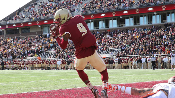 CHESTNUT HILL, MA – OCTOBER 31: John Johnson #9 of the Boston College Eagles intercepts a pass intended for Bucky Hodges #7 of the Virginia Tech Hokies in the first half at Alumni Stadium on October 31, 2015 in Chestnut Hill, Massachusetts. (Photo by Jim Rogash/Getty Images)