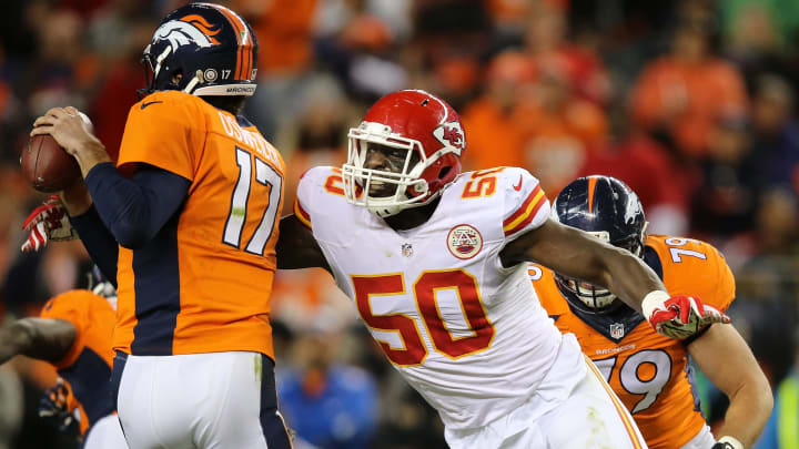 DENVER, CO – NOVEMBER 15: Linebacker Justin Houston #50 of the Kansas City Chiefs beats the block of Michael Schofield #79 of the Denver Broncos to get to quarterback Brock Osweiler #17 of the Denver Broncos at Sports Authority Field at Mile High on November 15, 2015 in Denver, Colorado. The Chiefs defeated the Broncos 29-13. (Photo by Doug Pensinger/Getty Images)
