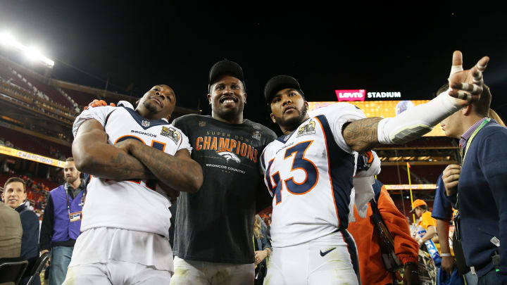SANTA CLARA, CA – FEBRUARY 07: Aqib Talib #21, Von Miller #58 and T.J. Ward #43 of the Denver Broncos celebrate after defeating the Carolina Panthers 24-10 in Super Bowl 50 at Levi’s Stadium on February 7, 2016 in Santa Clara, California. (Photo by Patrick Smith/Getty Images)