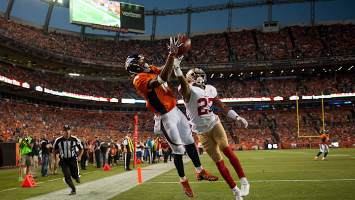 DENVER, CO – AUGUST 20: Wide receiver Cody Latimer of the Denver Broncos goes up for a pass in the end zone under coverage by cornerback Keith Reaser of the San Francisco 49ers in the second quarter of a preseason NFL game at Sports Authority Field at Mile High on August 20, 2016 in Denver, Colorado. (Photo by Dustin Bradford/Getty Images)
