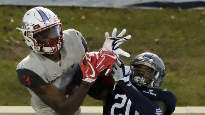 STATESBORO, GA - NOVEMBER 18: Cornerback Kindle Vildor #20 of the Georgia Southern Eagles intercepts a pass intended for wide receiver Jamarius Way #3 of the South Alabama Jaguars at Paulson Stadium on November 18, 2017 in Statesboro, Georgia. (Photo by Todd Bennett/Getty Images)