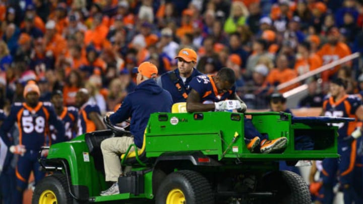 DENVER, CO – OCTOBER 15: Wide receiver Isaiah McKenzie #84 of the Denver Broncos is carted off the field after sustaining an injury in the fourth quarter of a game against the New York Giants at Sports Authority Field at Mile High on October 15, 2017 in Denver, Colorado. (Photo by Dustin Bradford/Getty Images)