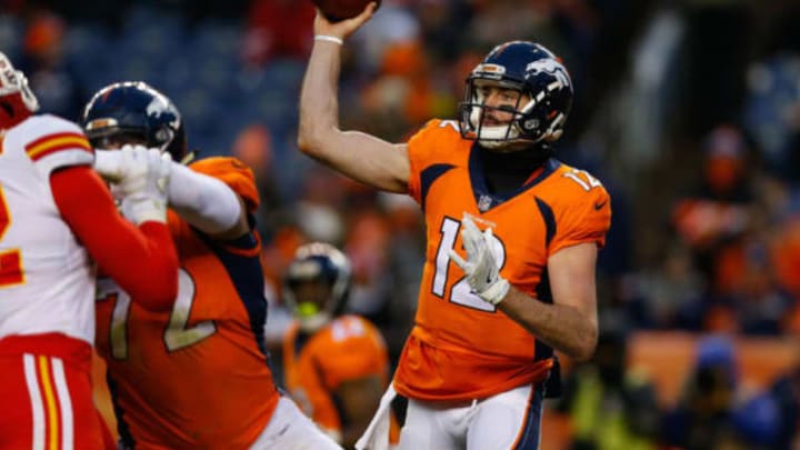 DENVER, CO – DECEMBER 31: Quarterback Paxton Lynch #12 of the Denver Broncos throws a pass during the third quarter against the Kansas City Chiefs at Sports Authority Field at Mile High on December 31, 2017 in Denver, Colorado. The Chiefs defeated the Broncos 27-24. (Photo by Justin Edmonds/Getty Images)