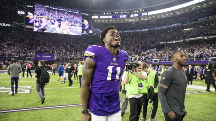 MINNEAPOLIS, MN - JANUARY 14: Laquon Treadwell #11 of the Minnesota Vikings celebrates after the NFC Divisional Playoff game against the New Orleans Saints on January 14, 2018 at U.S. Bank Stadium in Minneapolis, Minnesota. The Vikings defeated the Saints 29-24. (Photo by Adam Bettcher/Getty Images)