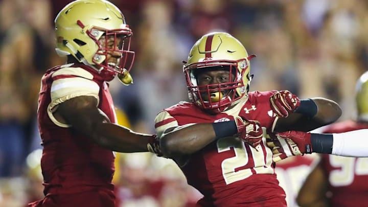 CHESTNUT HILL, MA - OCTOBER 07: Isaac Yiadom #20 of the Boston College Eagles celebrates after intercepting a pass during the first quarter against the Virginia Tech Hokies at Alumni Stadium on October 7, 2017 in Chestnut Hill, Massachusetts. (Photo by Tim Bradbury/Getty Images)