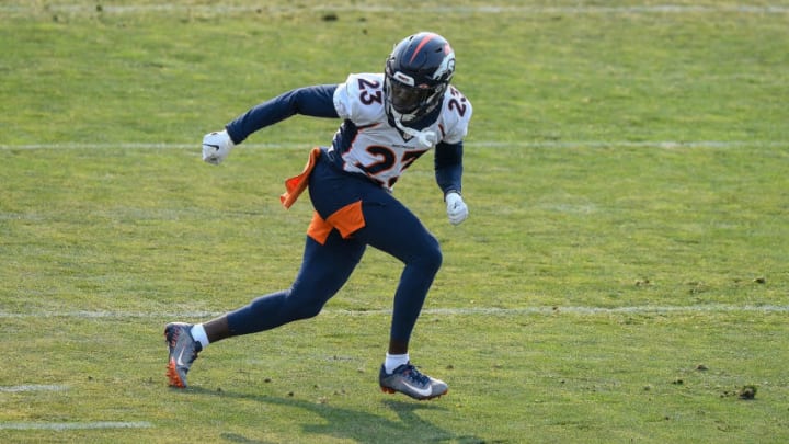 ENGLEWOOD, CO - AUGUST 16: Cornerback Michael Ojemudia #23 of the Denver Broncos participates in a drill during a training session at UCHealth Training Center on August 16, 2020 in Englewood, Colorado. (Photo by Dustin Bradford/Getty Images)