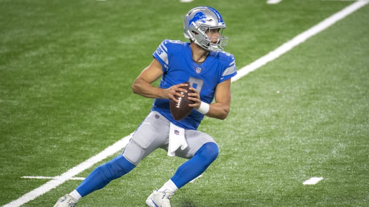 DETROIT, MI – OCTOBER 04: Matthew Stafford #9 of the Detroit Lions drops back for a pass during the fourth quarter against the New Orleans Saints at Ford Field on October 4, 2020, in Detroit, Michigan. (Photo by Nic Antaya/Getty Images)