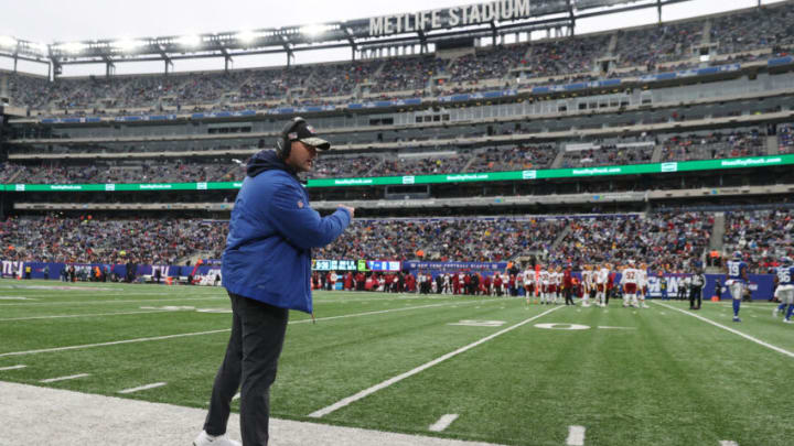 Denver Broncos: Head Coach Joe Judge of the New York Giants talks to the officials in the fourth quarter of the game against the San Francisco 49ers at MetLife Stadium on January 09, 2022 in East Rutherford, New Jersey. (Photo by Elsa/Getty Images)