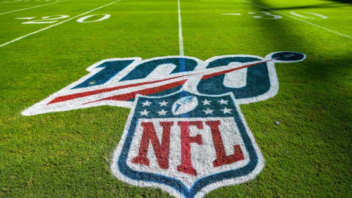 MIAMI, FLORIDA - SEPTEMBER 08: A detailed view of the NFL 100 logo on the field prior to the game between the Miami Dolphins and the Baltimore Ravens at Hard Rock Stadium on September 08, 2019 in Miami, Florida. (Photo by Mark Brown/Getty Images)