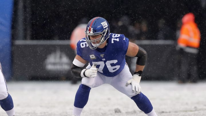 EAST RUTHERFORD, NEW JERSEY – DECEMBER 01: (NEW YORK DAILIES OUT) Nate Solder #76 of the New York Giants in action against the Green Bay Packers at MetLife Stadium on December 01, 2019, in East Rutherford, New Jersey. The Packers defeated the Giants 31-13. (Photo by Jim McIsaac/Getty Images)