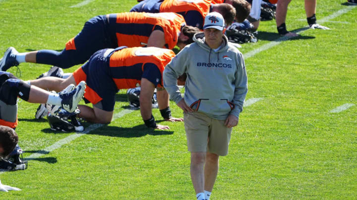 Jun 1, 2021; Englewood, Colorado, USA; Denver Broncos head coach Vic Fangio during organized team activities at the UCHealth Training Center. Mandatory Credit: Ron Chenoy-USA TODAY Sports