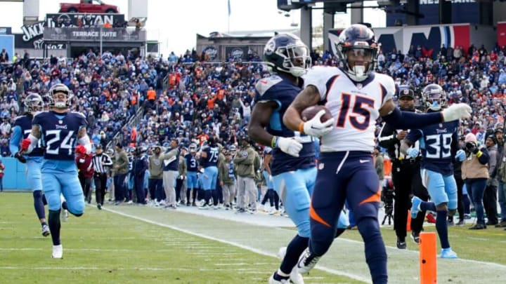 Denver Broncos wide receiver Jalen Virgil (15) runs in a touch down in the second quarter at Nissan Stadium Sunday, Nov. 13, 2022, in Nashville, Tenn.Nfl Denver Broncos At Tennessee Titans