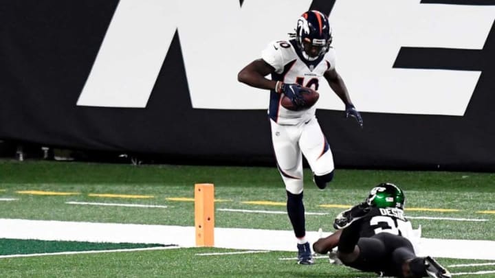 Denver Broncos wide receiver Jerry Jeudy (10) sidesteps New York Jets cornerback Pierre Desir (35) after making a catch for a touchdown in the first half of a NFL game at MetLife Stadium on Thursday, Oct. 1, 2020, in East Rutherford.Nfl Jets Broncos
