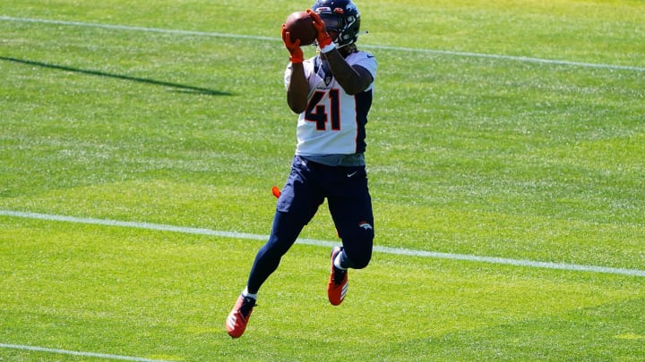 May 24, 2021; Englewood, Colorado, USA; Denver Broncos safety Jamar Johnson (41) during organized team activities at the UCHealth Training Center. Mandatory Credit: Ron Chenoy-USA TODAY Sports