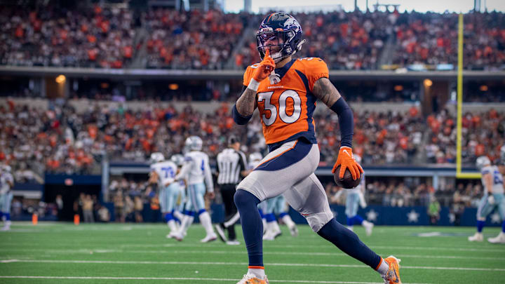 Nov 7, 2021; Arlington, Texas, USA; Denver Broncos safety Caden Sterns (30) in action during the game between the Dallas Cowboys and the Denver Broncos at AT&T Stadium. Mandatory Credit: Jerome Miron-USA TODAY Sports