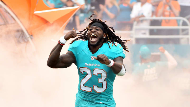 Jan 1, 2017; Miami Gardens, FL, USA; Miami Dolphins running back Jay Ajayi (23) is being introduced before a game against the New England Patriots at Hard Rock Stadium. Mandatory Credit: Steve Mitchell-USA TODAY Sports