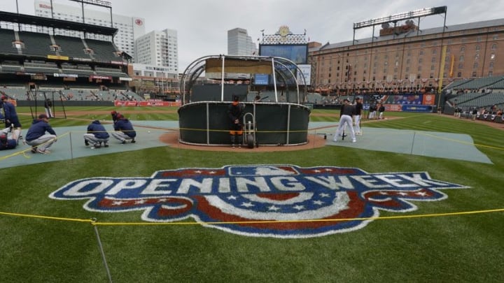 Apr 4, 2016; Baltimore, MD, USA; Baltimore Orioles take batting practice before the game against the Minnesota Twins at Oriole Park at Camden Yards. Mandatory Credit: Tommy Gilligan-USA TODAY Sports