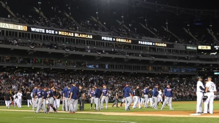 May 6, 2016; Chicago, IL, USA; Benches clear after Chicago White Sox first baseman Jose Abreu (79) is hit by a pitch from Minnesota Twins relief pitcher Trevor May (65) during the eighth inning at U.S. Cellular Field. White Sox won 10-4. Mandatory Credit: Patrick Gorski-USA TODAY Sports