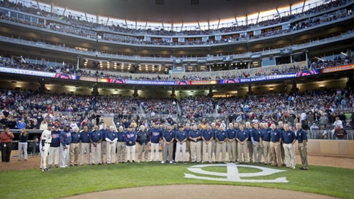 Members of the Minnesota Twins top 50 Twins from the team's 50 years pose for a photo. (Photo by Bruce Kluckhohn/Getty Images)