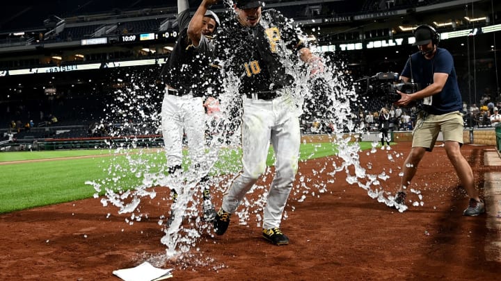 PITTSBURGH, PA – SEPTEMBER 04: Bryan Reynolds #10 of the Pittsburgh Pirates has water dumped on him by Chris Archer #24 after hitting a walk off two run RBI single to give the Pirates a 6-5 win over the Miami Marlins at PNC Park on September 4, 2019 in Pittsburgh, Pennsylvania. (Photo by Justin Berl/Getty Images)