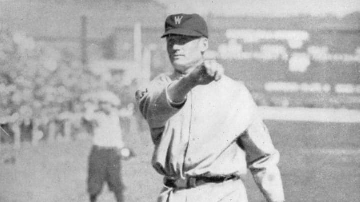 WASHINGTON - 1924. Walter Johnson of the Washington Senators warms up in Griffith Stadium before a game in 1924. (Photo by Mark Rucker/Transcendental Graphics, Getty Images)