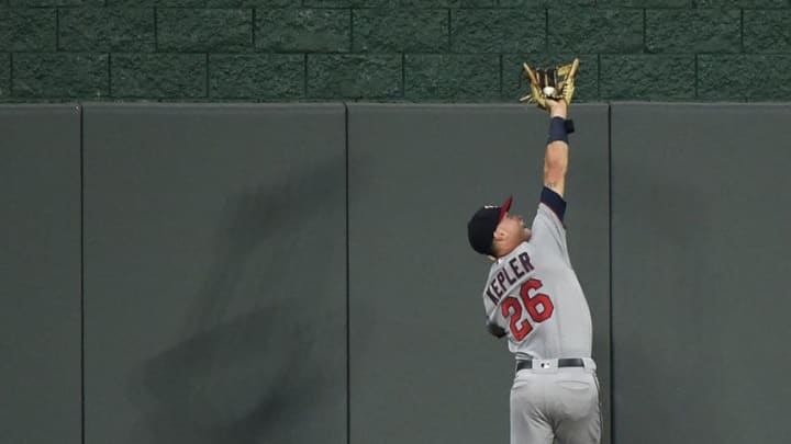 KANSAS CITY, MO - JULY 20: Max Kepler #26 of the Minnesota Twins catches a ball hit by Rosell Herrera #7 of the Kansas City Royals in the fourth inning at Kauffman Stadium on July 20, 2018 in Kansas City, Missouri. (Photo by Ed Zurga/Getty Images)