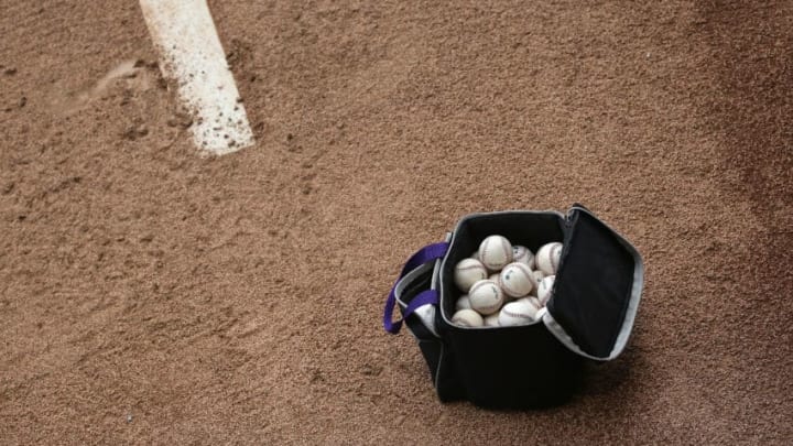 DENVER, CO - APRIL 25: A bag of baseballs sits on the mound in the bullpen as the Pittsburgh Pirates prepare to face the Colorado Rockies at Coors Field on April 25, 2016 in Denver, Colorado. (Photo by Doug Pensinger/Getty Images)