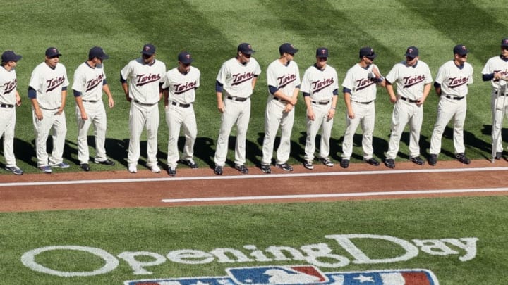 MINNEAPOLIS, MN - APRIL 08: The Minnesota Twins line up for player introductions before the game against the Oakland Athletics for Opening Day on April 8, 2011 at Target Field in Minneapolis, Minnesota. (Photo by Elsa/Getty Images)