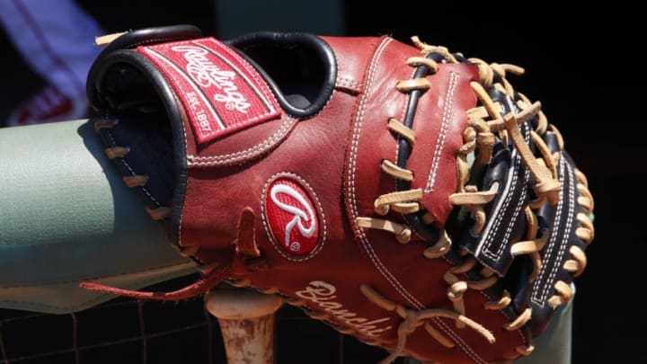 BOSTON, MA - June 4: A Rawlings baseball glove is seen at the Minnesota Twins dugout before the game between the Boston Red Sox and the Minnesota Twins at Fenway Park on June 4, 2015 in Boston, Massachusetts. (Photo by Winslow Townson/Getty Images)