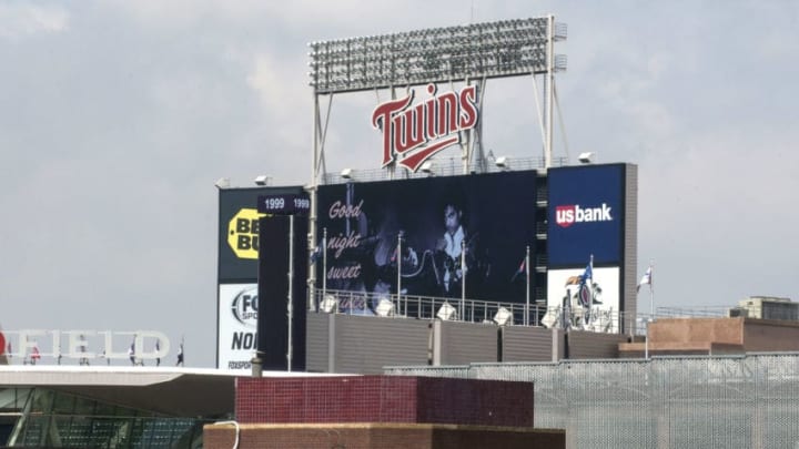 MINNEAPOLIS, MN - APRIL 21: A memorial for Prince on the scoreboard inside Target Field on April 21, 2016 in Minneapolis, Minnesota. Prince died earlier today at his Paisley Park compound at the age of 57. (Photo by Stephen Maturen/Getty Images)