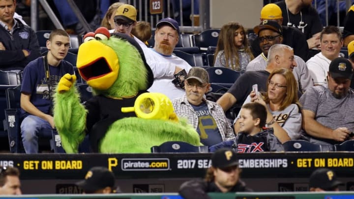 PITTSBURGH, PA - SEPTEMBER 26: The Pirates Parrot sits with fans during the game against the Chicago Cubs at PNC Park on September 26, 2016 in Pittsburgh, Pennsylvania. (Photo by Justin K. Aller/Getty Images)