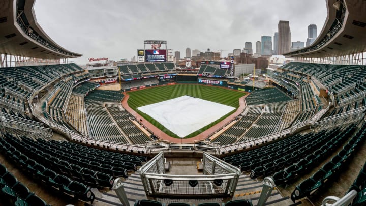 May 20, 2017; Minneapolis, MN, USA; A general view of the field after the weather postponed a game between the Kansas City Royals and the Minnesota Twins at Target Field. Mandatory Credit: Jordan Johnson-USA TODAY Sports