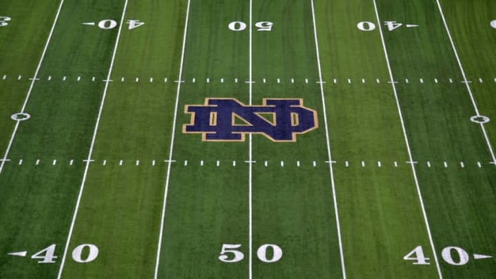 Oct 17, 2015; South Bend, IN, USA; General view of the Notre Dame Fighting Irish logo at midfield before a NCAA football game against the Southern California Trojans tat Notre Dame Stadium. Mandatory Credit: Kirby Lee-USA TODAY Sports
