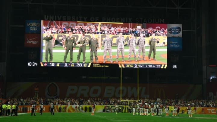 Jan 25, 2015; Phoenix, AZ, USA; General view of the video board as the NFL thanks the military in the 2015 Pro Bowl between Team Carter and Team Irvin at University of Phoenix Stadium. Mandatory Credit: Kyle Terada-USA TODAY Sports