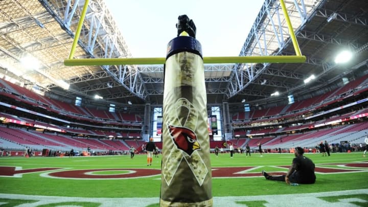 Nov 22, 2015; Glendale, AZ, USA; A salute to service goal post pad is displayed prior to the game between the Arizona Cardinals and the Cincinnati Bengals at University of Phoenix Stadium. Mandatory Credit: Joe Camporeale-USA TODAY Sports
