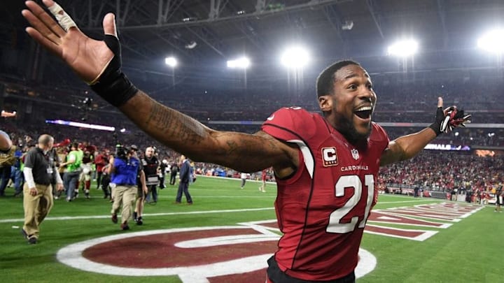 January 16, 2016; Glendale, AZ, USA; Arizona Cardinals cornerback Patrick Peterson (21) celebrates after a NFC Divisional round playoff game against the Green Bay Packers at University of Phoenix Stadium. The Cardinals defeated the Packers 26-20 in overtime. Mandatory Credit: Kyle Terada-USA TODAY Sports January 16, 2016; Glendale, AZ, USA; Arizona Cardinals cornerback Patrick Peterson (21) celebrates after a NFC Divisional round playoff game against the Green Bay Packers at University of Phoenix Stadium. The Cardinals defeated the Packers 26-20 in overtime. Mandatory Credit: Kyle Terada-USA TODAY Sports