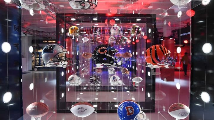 Oct 29, 2016; London, United Kingdom; Helmets of the Arizona Cardinals and Atlanta Falcons and the Carolina Panthers and the Chicago Bears and the Cincinnati Bengals and the Denver Broncos on display during the NFL International Series Fan Rally at the Victoria House. Mandatory Credit: Kirby Lee-USA TODAY Sports