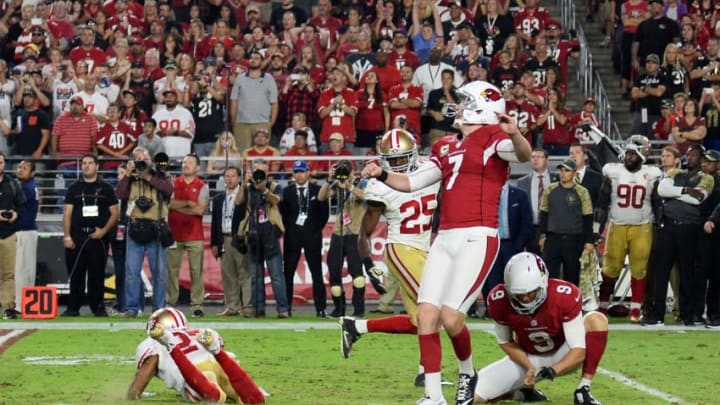 Nov 13, 2016; Glendale, AZ, USA; Arizona Cardinals kicker Chandler Catanzaro (7) kicks a game-winning field goal against the San Francisco 49ers during the during half at University of Phoenix Stadium. The Cardinals won 23-20. Mandatory Credit: Joe Camporeale-USA TODAY Sports