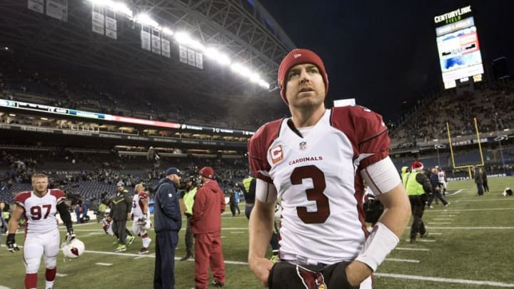 Dec 24, 2016; Seattle, WA, USA; Arizona Cardinals quarterback Carson Palmer (3) walks off the field after a game against the Seattle Seahawks at CenturyLink Field. The Cardinals won 34-31. Mandatory Credit: Troy Wayrynen-USA TODAY Sports