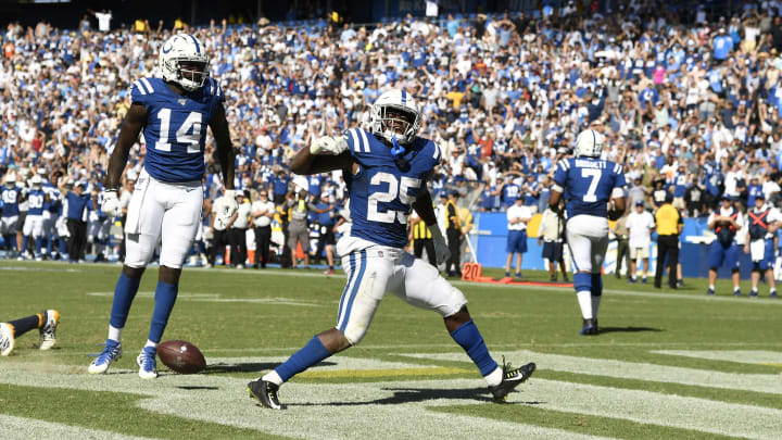 CARSON, CA – SEPTEMBER 08: Running back Marlon Mack #25 of the Indianapolis Colts reacts after scoring to tie the game against Los Angeles Chargers during the second half at Dignity Health Sports Park on September 8, 2019 in Carson, California. (Photo by Kevork Djansezian/Getty Images)