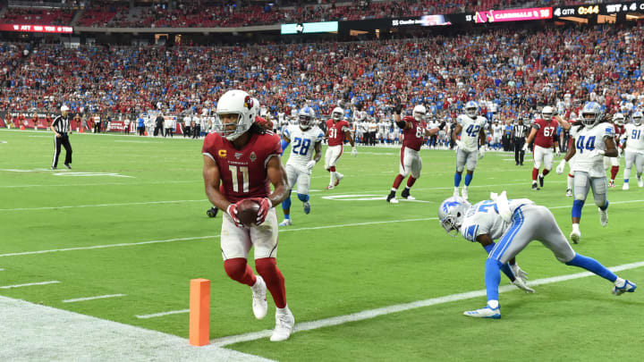 GLENDALE, ARIZONA – SEPTEMBER 08: Larry Fitzgerald #11 of the Arizona Cardinals catches a touchdown pass during the fourth quarter of a game against the Detroit Lions at State Farm Stadium on September 08, 2019 in Glendale, Arizona. The game ended in a 27-27 tie. (Photo by Norm Hall/Getty Images)