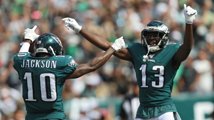 PHILADELPHIA, PENNSYLVANIA – SEPTEMBER 08: Wide receiver DeSean Jackson #10 of the Philadelphia Eagles celebrates after scoring a touchdown against the Washington Redskins during the third quarter at Lincoln Financial Field on September 8, 2019 in Philadelphia, Pennsylvania. (Photo by Patrick Smith/Getty Images)