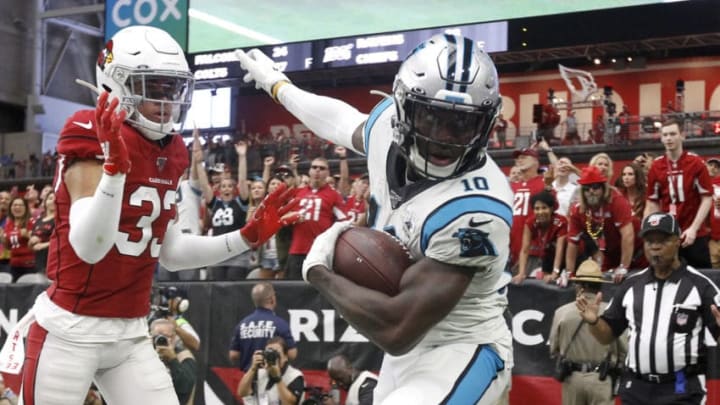 GLENDALE, ARIZONA - SEPTEMBER 22: Wide receiver Curtis Samuel #10 of the Carolina Panthers catches a touchdown pass in the back of the end zone as Byron Murphy #33 of the Arizona Cardinals defends during the first half of the NFL football game at State Farm Stadium on September 22, 2019 in Glendale, Arizona. (Photo by Ralph Freso/Getty Images)